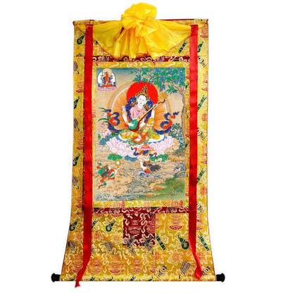 Saraswati དབྱངས་ཅན་མ། - Tibetan thangka painting, close-up detail