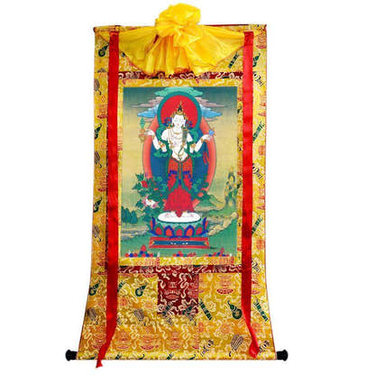 Chenrezig - Padmapani - Tibetan thangka painting, close-up detail