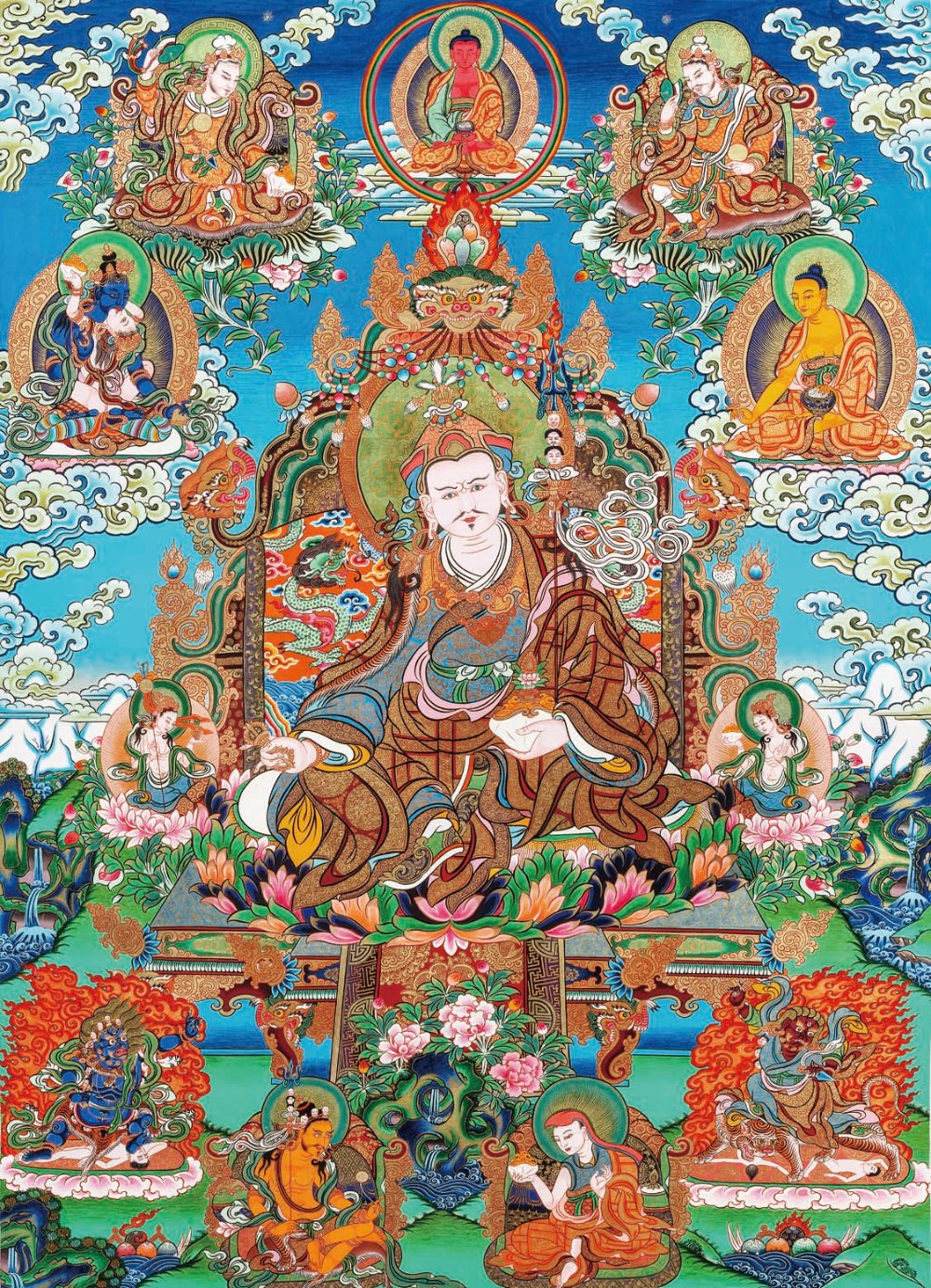 Gandhanra Tibetan Thangka Art - Eight Manifestations of Guru Rinpoche - from Kathok Monastery - Giclee Print with Mineral Pigments