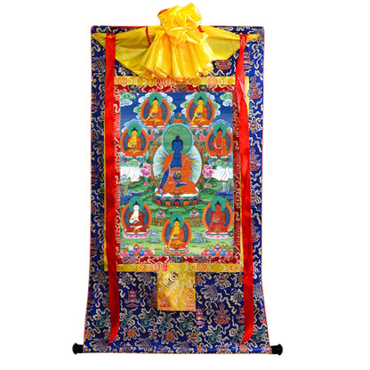 Gandhanra Tibetan Thangka Art - Bhaisajyaguru - Eight Medicine Buddhas - from Kathok Monastery - Giclee Print with Mineral Pigments