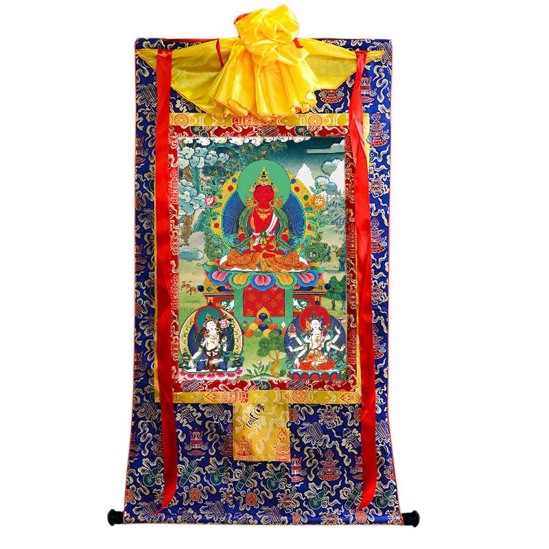 Gandhanra Tibetan Thangka Art - Amitayus - Three Buddhas of Longevity - from Kathok Monastery - Giclee Print with Mineral Pigments