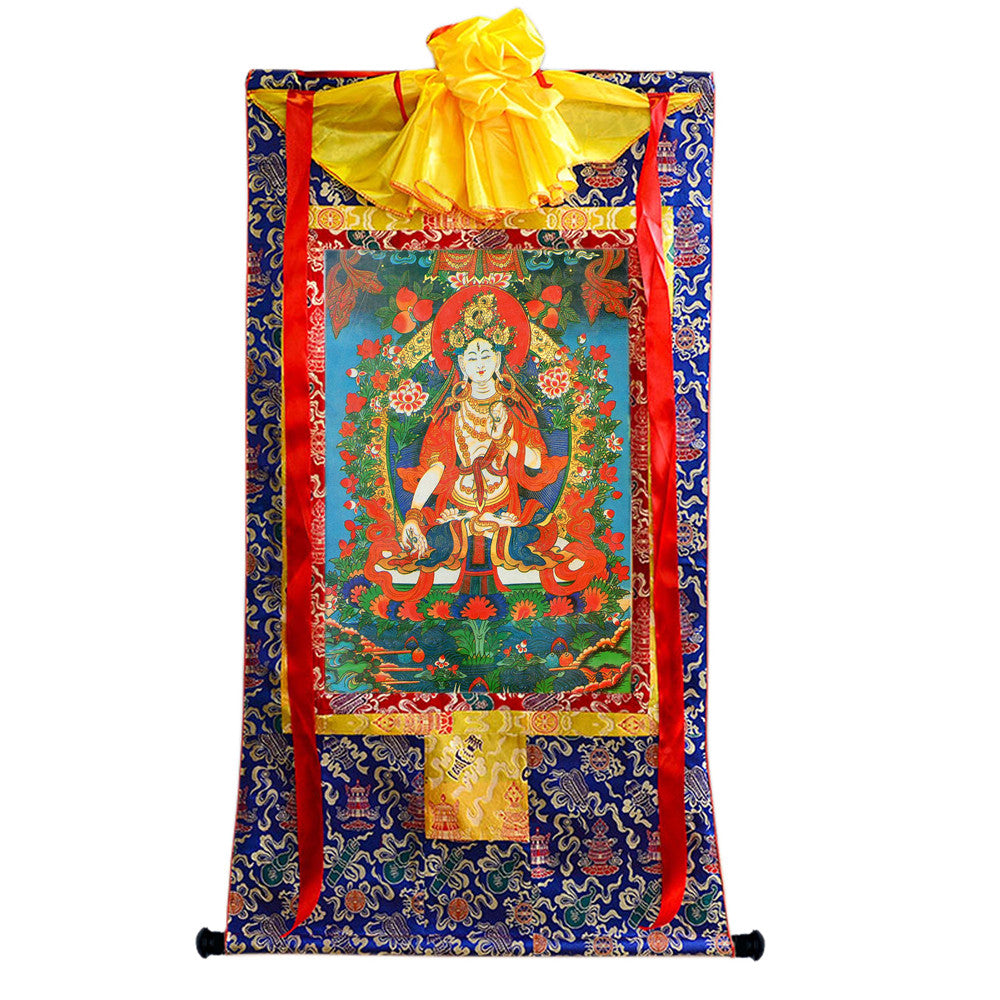 Gandhanra Hand Framed Tibetan Thangka Art,White Tara, Buddhist Tapestry,Giclee Print with Mineral Pigments,48" × 32"