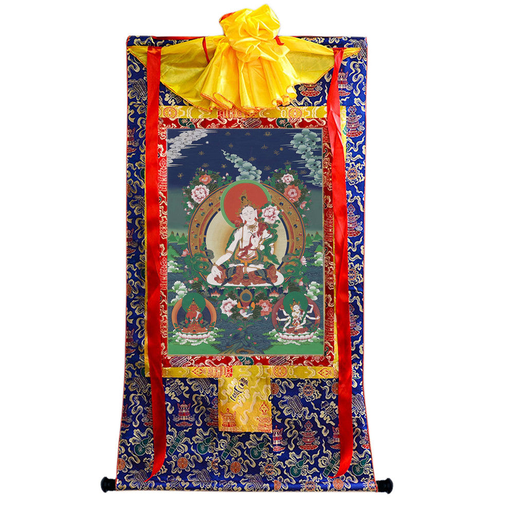 Gandhanra Hand Framed Tibetan Thangka Art,White Tara, Buddhist Tapestry,Giclee Print with Mineral Pigments,48" × 32"