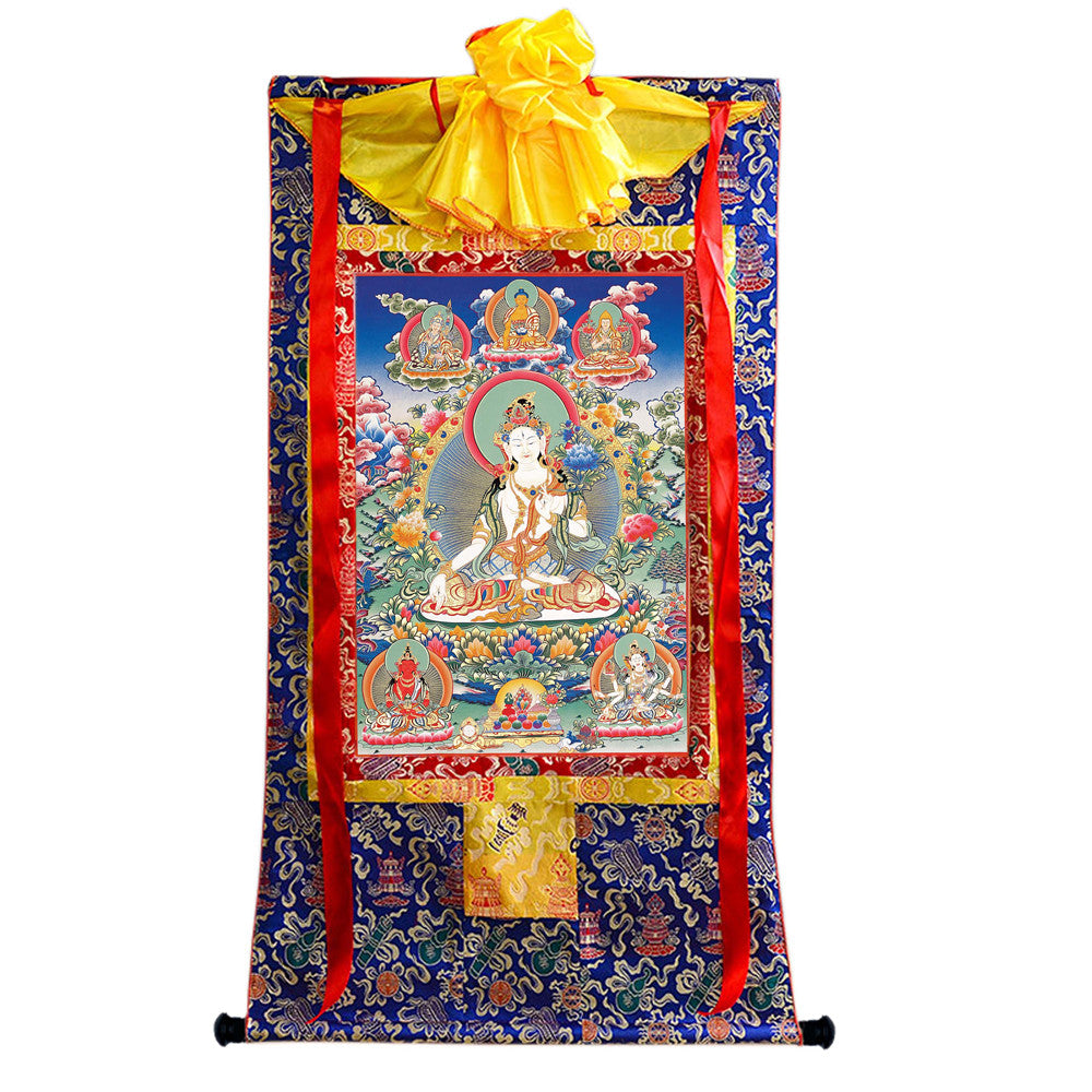 Gandhanra Hand Framed Tibetan Thangka Art,White Tara, Buddhist Tapestry,Giclee Print with Mineral Pigments,48" × 32"