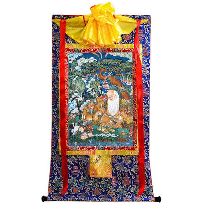 Gandhanra Tibetan Thangka Art -  Fulushou - God of Longevity - from Kathok Monastery - Giclee Print with Mineral Pigments