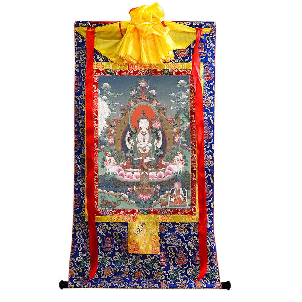 Gandhanra Tibetan Thangka Art - Chenrezig - Padmapani - from Kathok Monastery - Giclee Print with Mineral Pigments