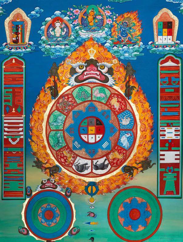 SIPAHO - Melong - Jiugong Bagua - Tibetan thangka painting, front view