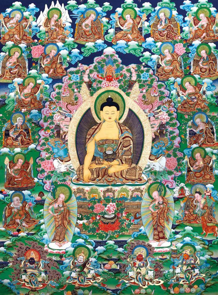 Shakyamuni and Eighteen Arhats - Tibetan thangka painting, front view
