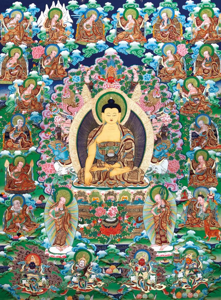 Gandhanra Tibetan Thangka Art - Shakyamuni and Eighteen Arhats - from Kathok Monastery - Giclee Print with Mineral Pigments