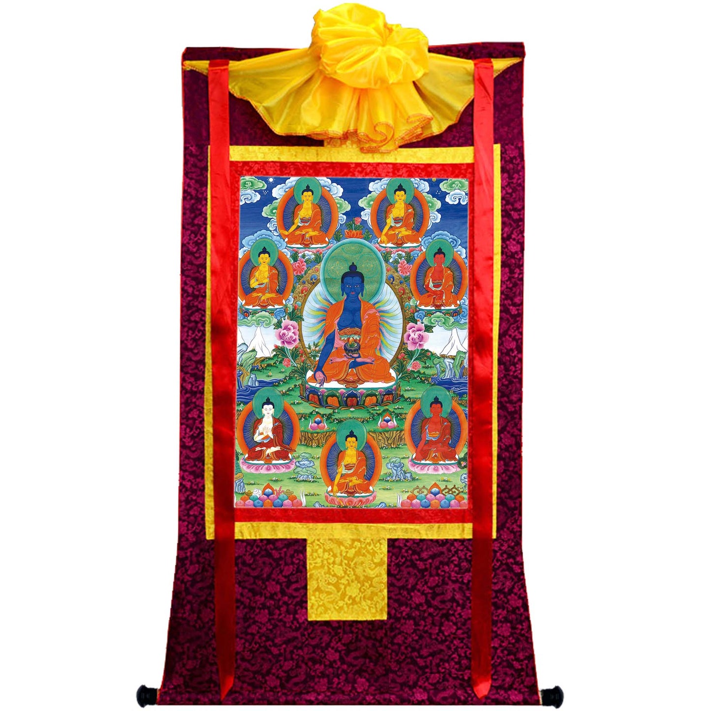 Gandhanra Tibetan Thangka Art - Bhaisajyaguru - Eight Medicine Buddhas - from Kathok Monastery - Giclee Print with Mineral Pigments