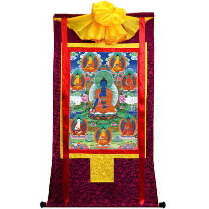 Gandhanra Tibetan Thangka Art - Bhaisajyaguru - Eight Medicine Buddhas - from Kathok Monastery - Giclee Print with Mineral Pigments