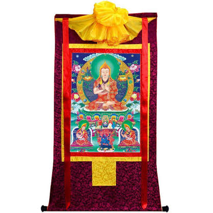 Tsongkhapa and His 2 Disciples - Tibetan thangka painting, view 5