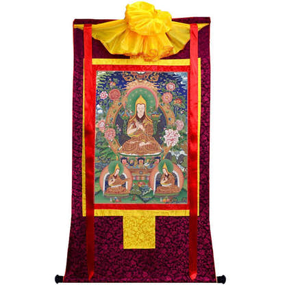 Tsongkhapa and His 2 Disciples - Tibetan thangka painting, view 5