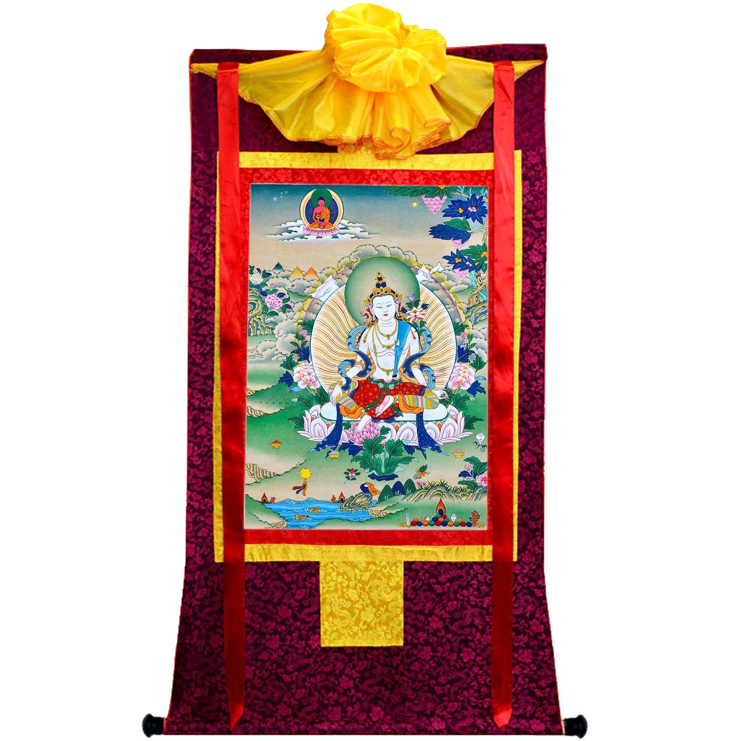 Gandhanra Hand Framed Tibetan Thangka Art,White Tara, Buddhist Tapestry,Giclee Print with Mineral Pigments,48" × 32"