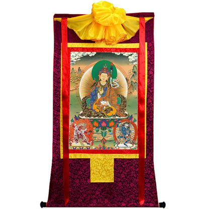 Gandhanra Handmade Thangka - Padmasambhava - Guru Rinpoche with King Trisong Detsen & Shantarakshita - from Kathok Monastery