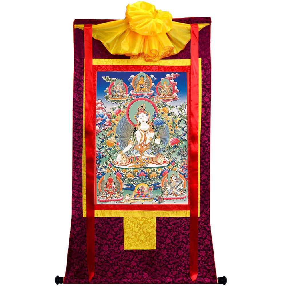 Gandhanra Hand Framed Tibetan Thangka Art,White Tara, Buddhist Tapestry,Giclee Print with Mineral Pigments,48" × 32"