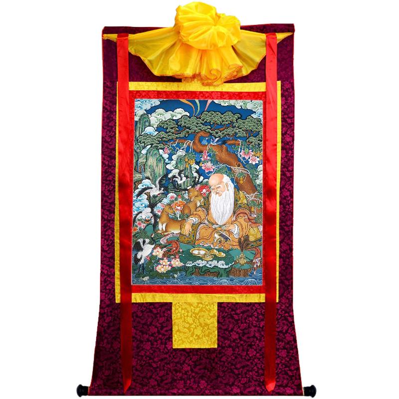 Gandhanra Tibetan Thangka Art -  Fulushou - God of Longevity - from Kathok Monastery - Giclee Print with Mineral Pigments