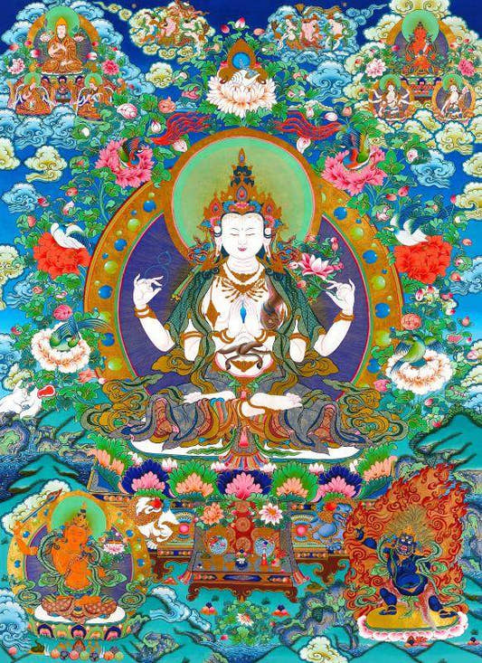 Chenrezig - Tibetan thangka painting, front view