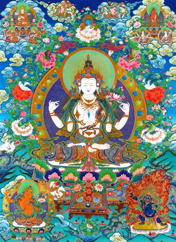 Chenrezig - Tibetan thangka painting, front view