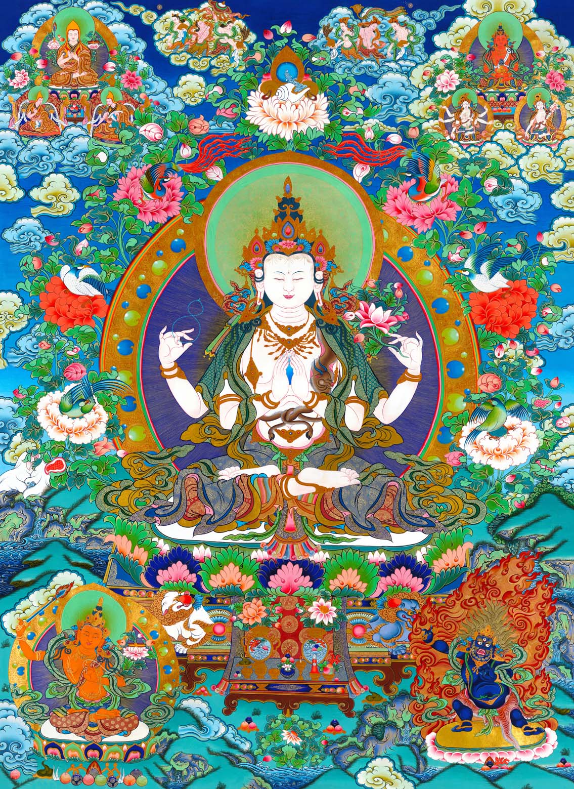 Gandhanra Tibetan Thangka Art - Chenrezig - Padmapani - from Kathok Monastery - Giclee Print with Mineral Pigments