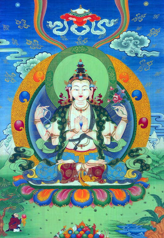 Gandhanra Tibetan Thangka Art - Chenrezig - Padmapani - from Kathok Monastery - Giclee Print with Mineral Pigments