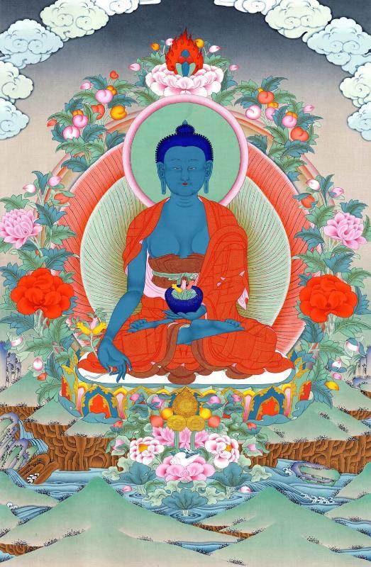 Bhaisajyaguru - Medicine Buddha - Tibetan thangka painting, front view