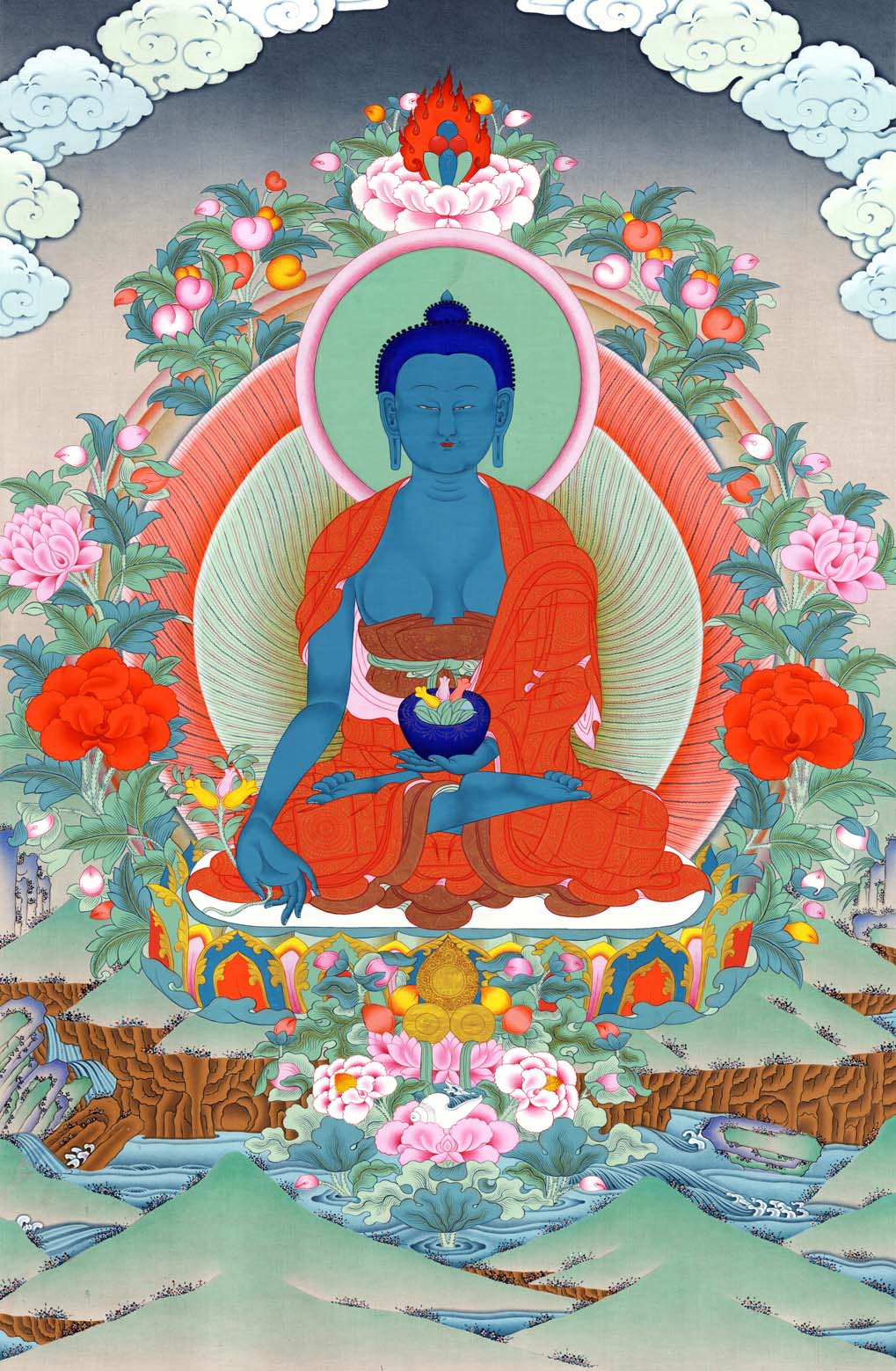 Gandhanra Tibetan Thangka Art - Bhaisajyaguru - Medicine Buddha - from Kathok Monastery - Giclee Print with Mineral Pigments