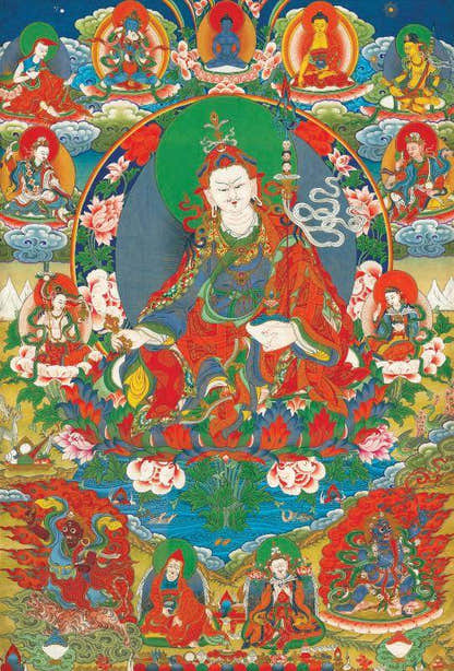 Eight Manifestations of Guru Rinpoche - Padmasambhava - Tibetan thangka painting, front view