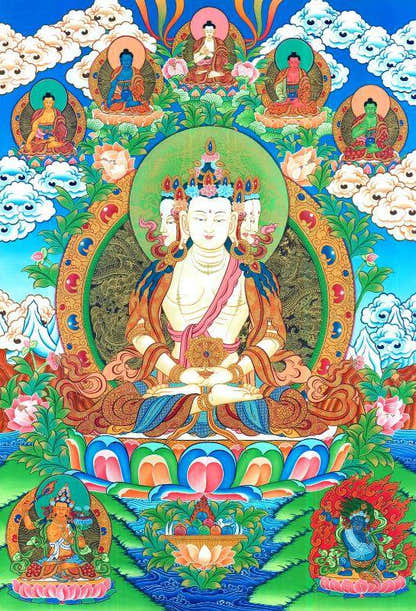 Vairocana - Mahavairocana - Tibetan thangka painting, front view