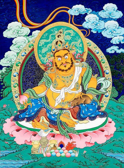 Yellow Jambhala - Tibetan thangka painting, front view