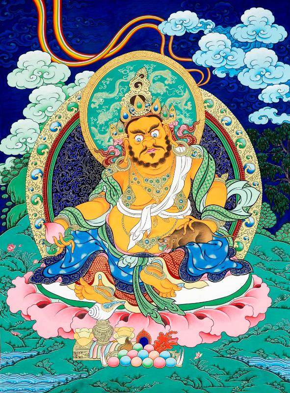 Yellow Jambhala - Tibetan thangka painting, front view