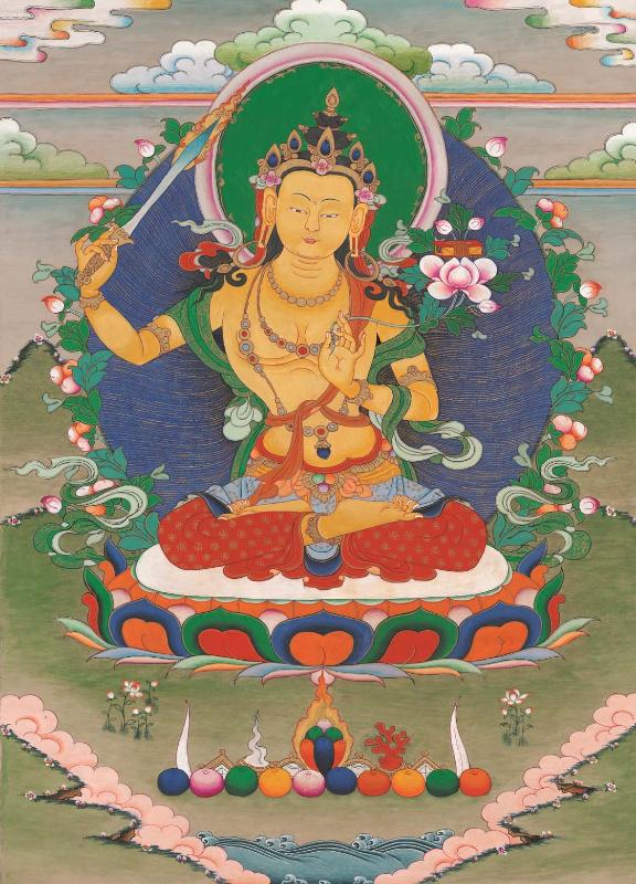 Gandhanra Tibetan Thangka Art - Manjusri - from Kathok Monastery - Giclee Print with Mineral Pigments