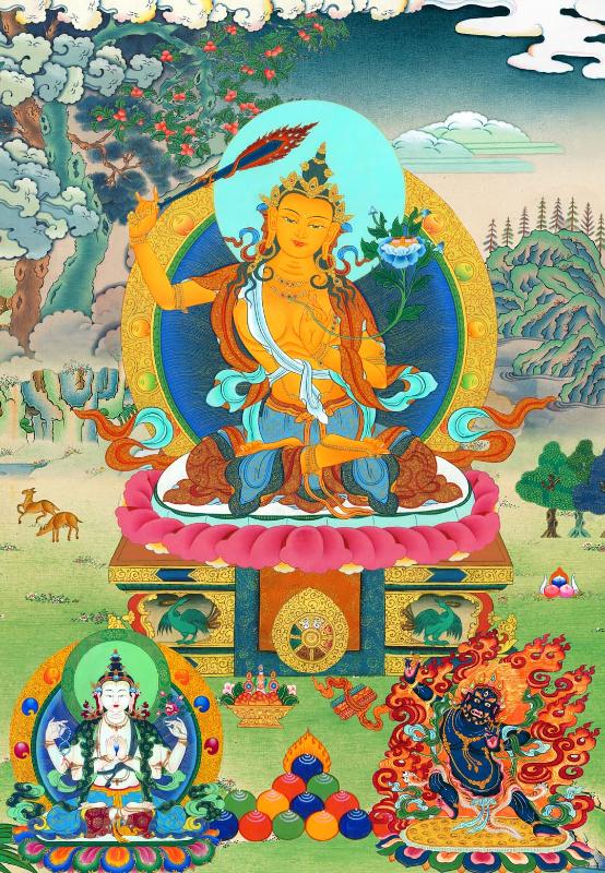 Gandhanra Tibetan Thangka Art - Manjushri Chenrezig Vajrapani - from Kathok Monastery - Giclee Print with Mineral Pigments