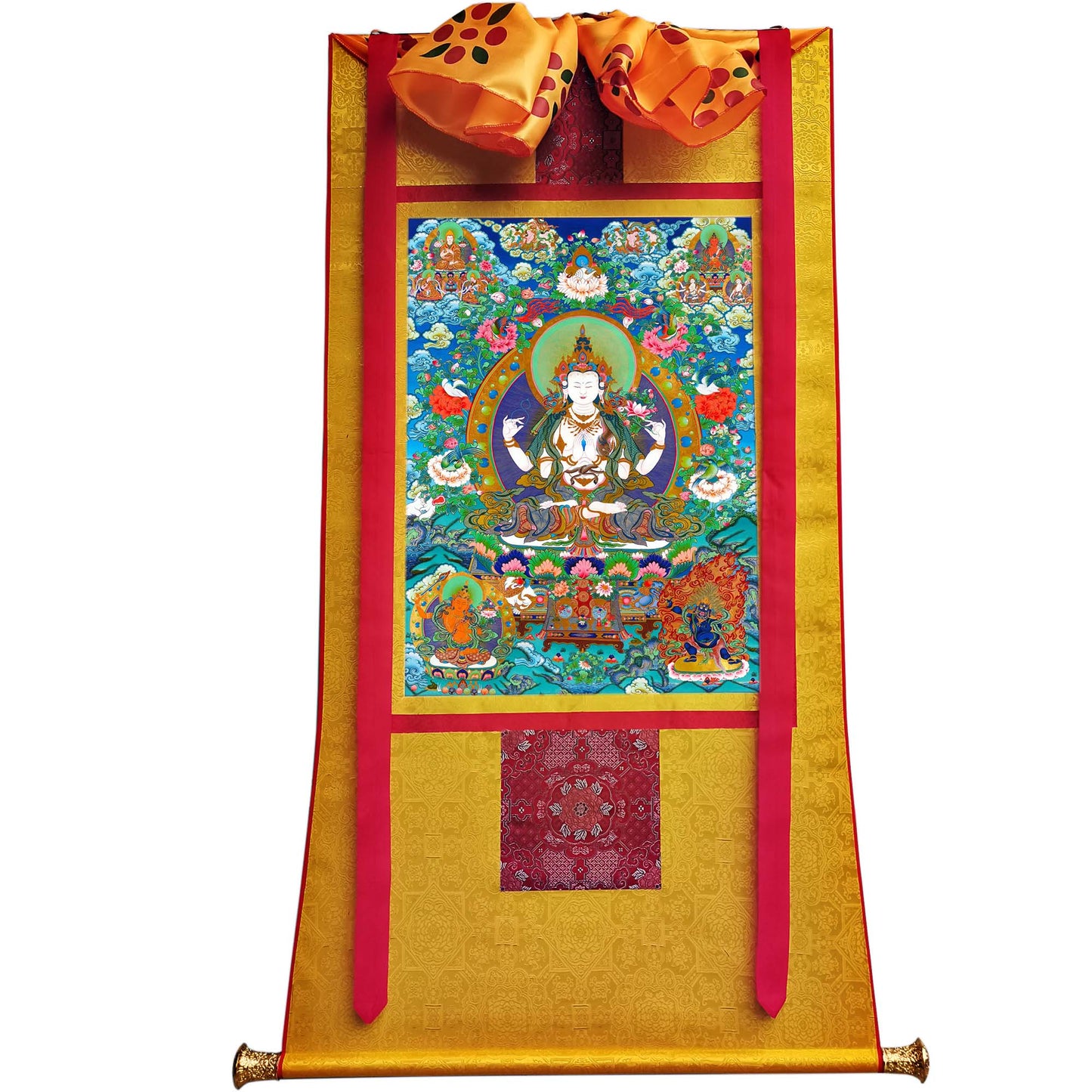 Gandhanra Tibetan Thangka Art - Chenrezig - Padmapani - from Kathok Monastery - Giclee Print with Mineral Pigments