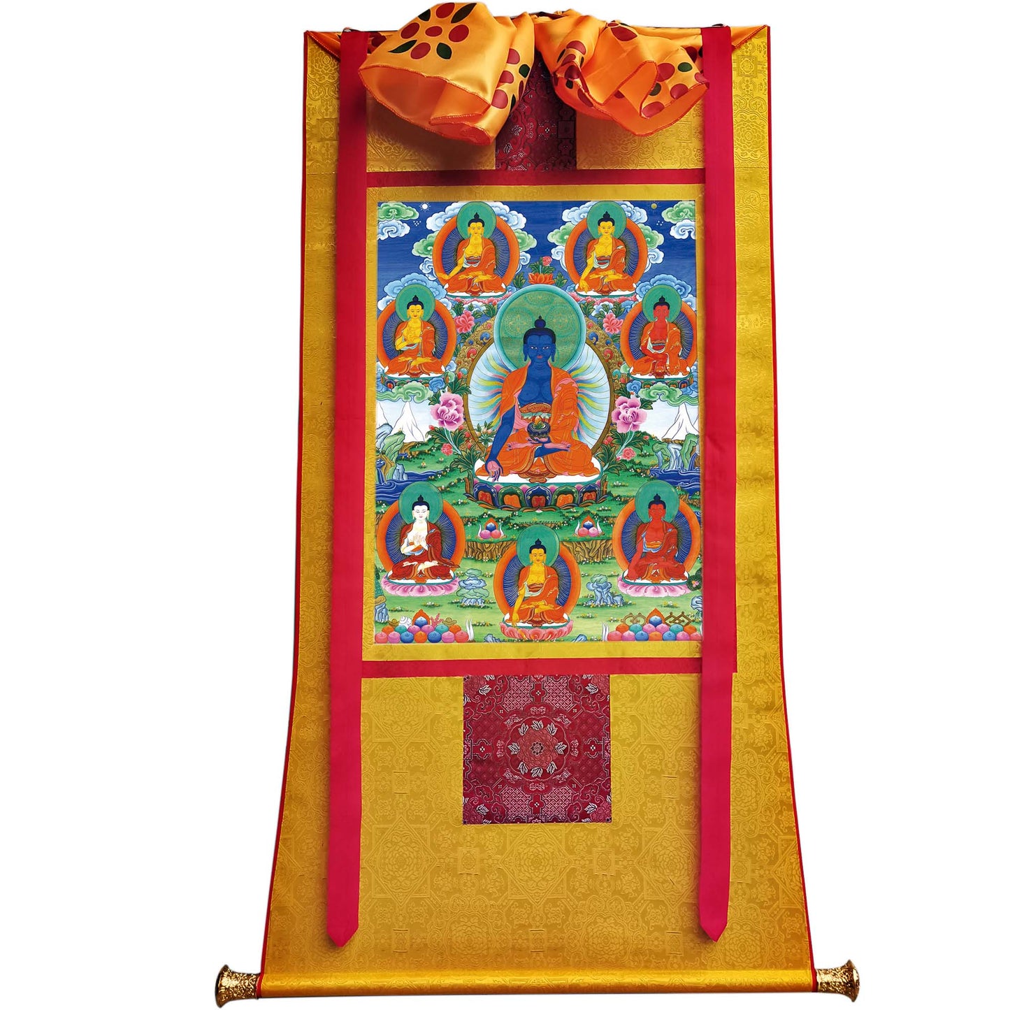 Gandhanra Tibetan Thangka Art - Bhaisajyaguru - Eight Medicine Buddhas - from Kathok Monastery - Giclee Print with Mineral Pigments