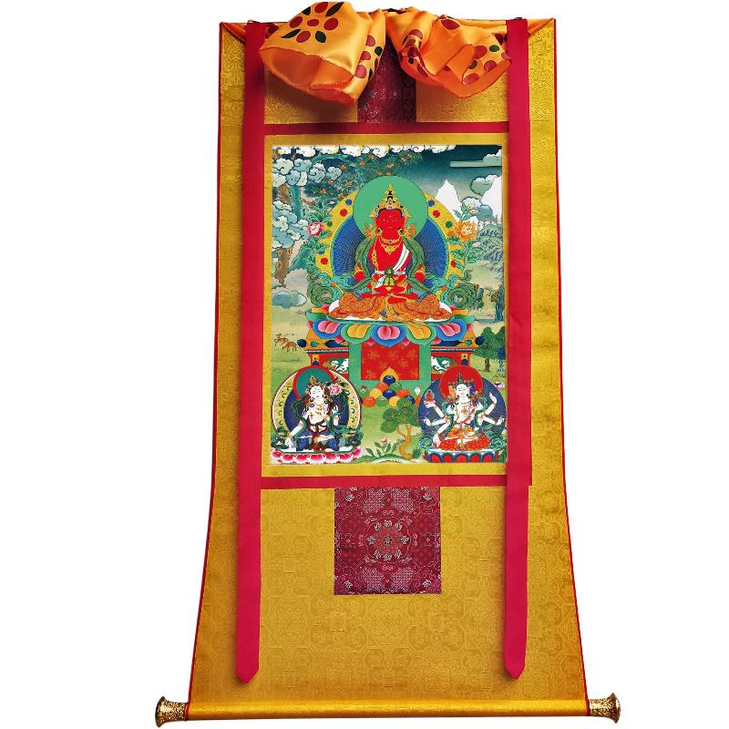 Gandhanra Tibetan Thangka Art - Amitayus - Three Buddhas of Longevity - from Kathok Monastery - Giclee Print with Mineral Pigments