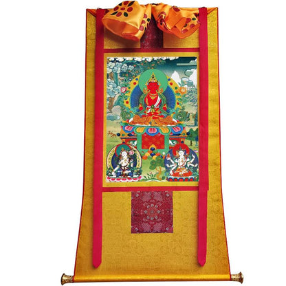 Gandhanra Tibetan Thangka Art - Amitayus - Three Buddhas of Longevity - from Kathok Monastery - Giclee Print with Mineral Pigments