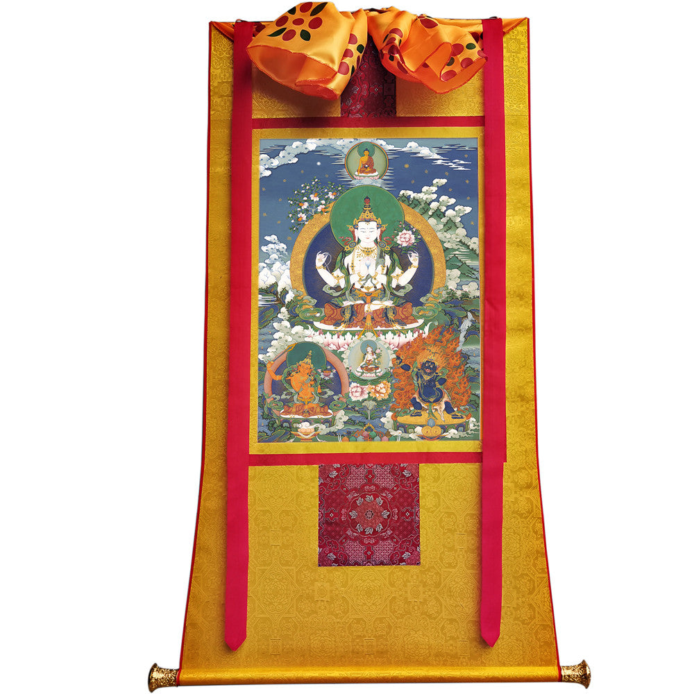 Gandhanra Tibetan Thangka Art - Chenrezig - Padmapani - from Kathok Monastery - Giclee Print with Mineral Pigments