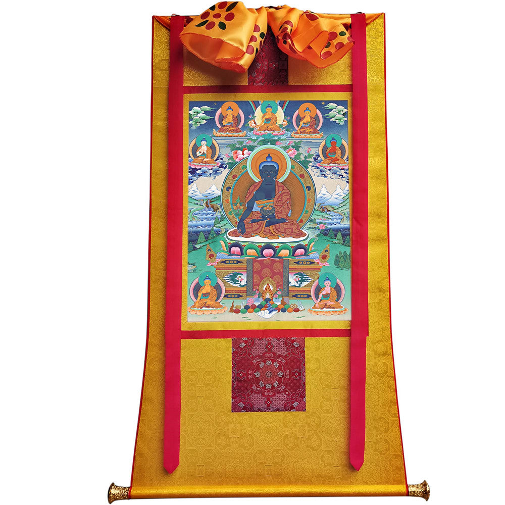 Gandhanra Tibetan Thangka Art - Bhaisajyaguru - Eight Medicine Buddhas - from Kathok Monastery - Giclee Print with Mineral Pigments