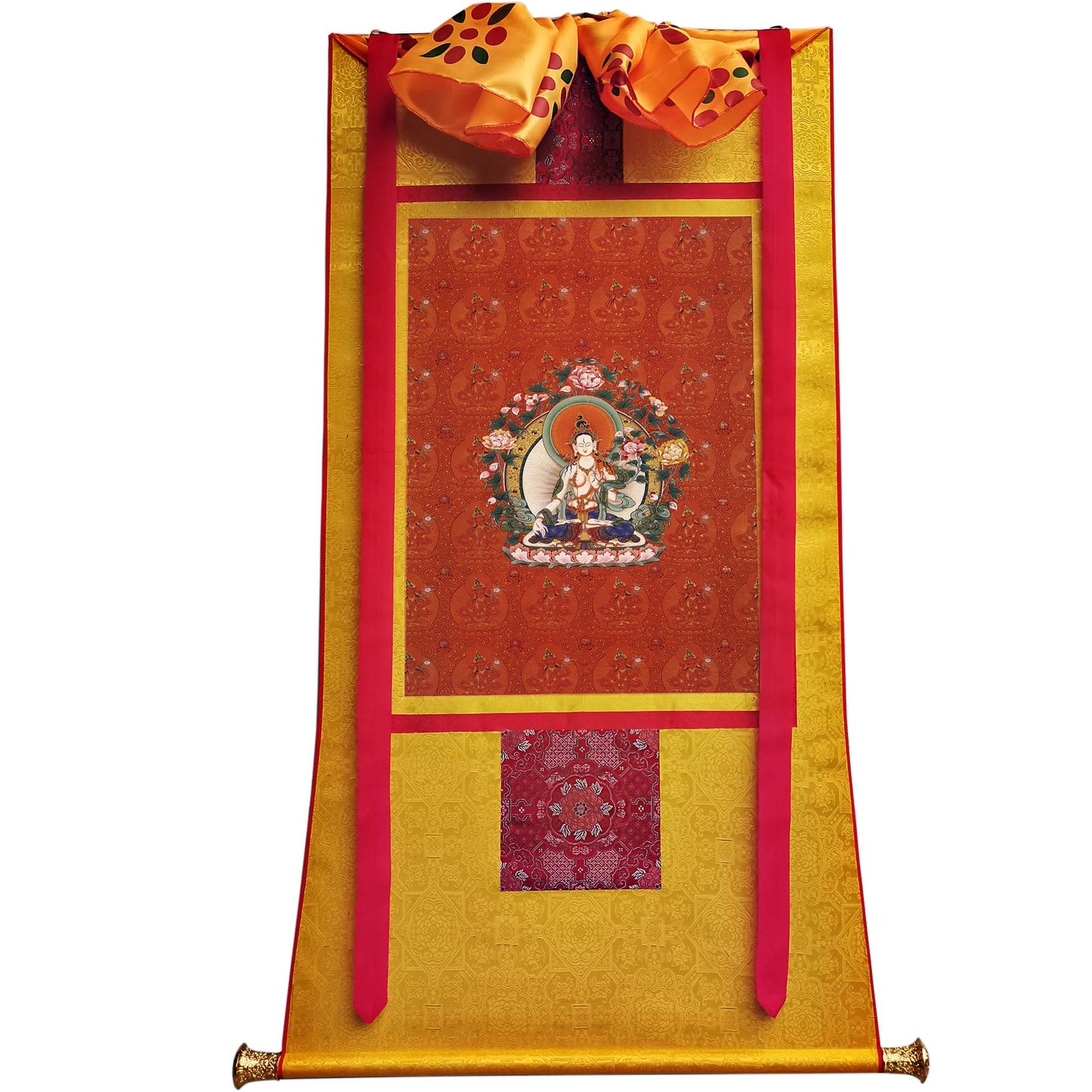 Gandhanra Hand Frame Tibetan Thangka Art,White Tara,Jetsun Dolma, Buddhist Tapestry,Giclee Print with Mineral Pigments,48" × 32"