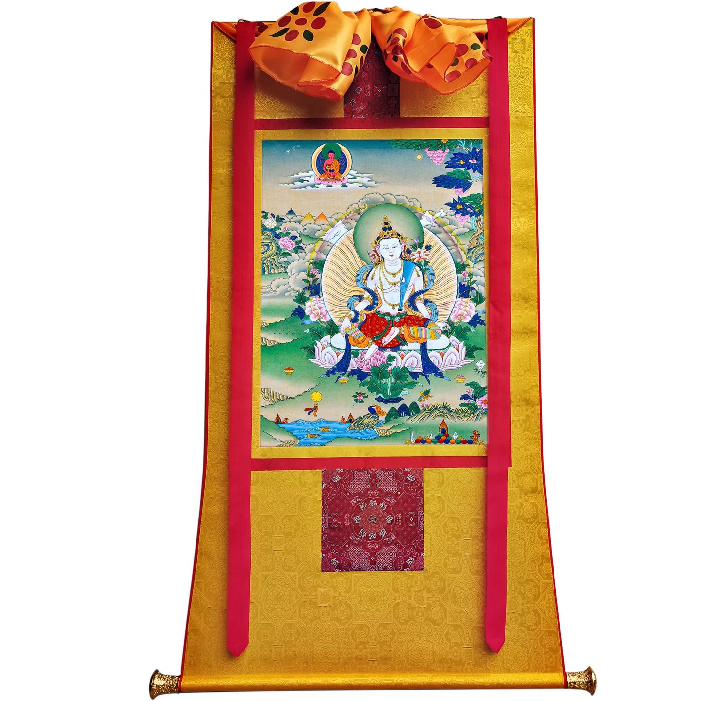 Gandhanra Hand Framed Tibetan Thangka Art,White Tara, Buddhist Tapestry,Giclee Print with Mineral Pigments,48" × 32"