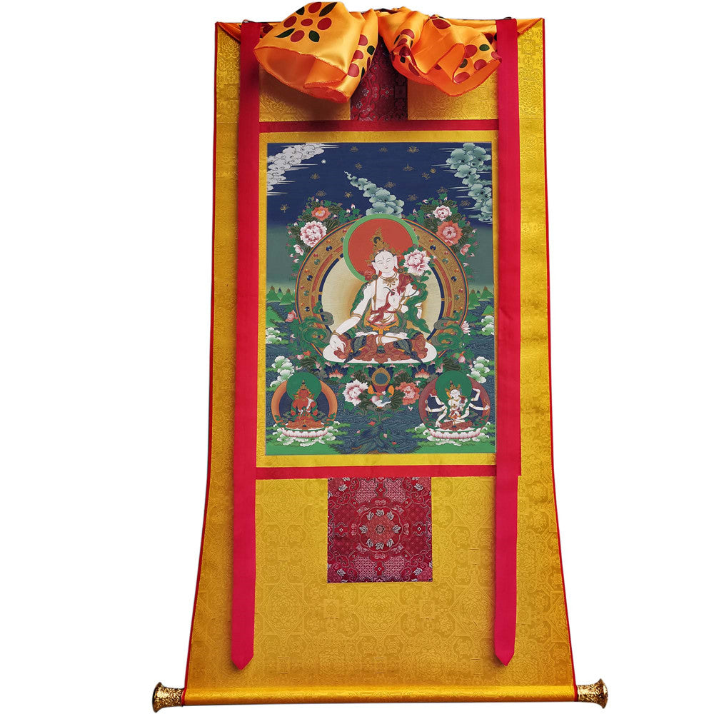 Gandhanra Hand Framed Tibetan Thangka Art,White Tara, Buddhist Tapestry,Giclee Print with Mineral Pigments,48" × 32"