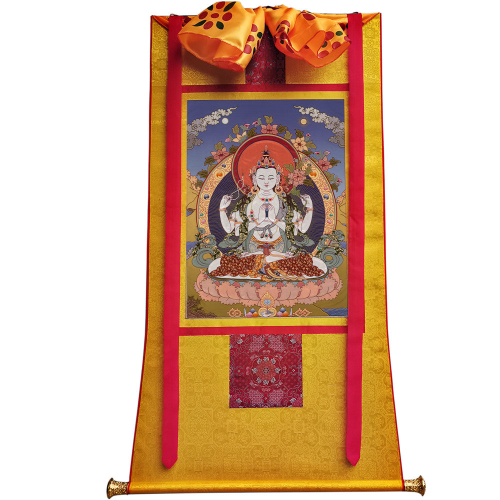 Gandhanra Tibetan Thangka Art - Chenrezig - Padmapani - from Kathok Monastery - Giclee Print with Mineral Pigments