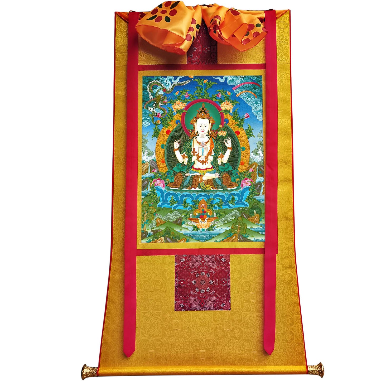 Gandhanra Tibetan Thangka Art - Chenrezig - Padmapani - from Kathok Monastery - Giclee Print with Mineral Pigments