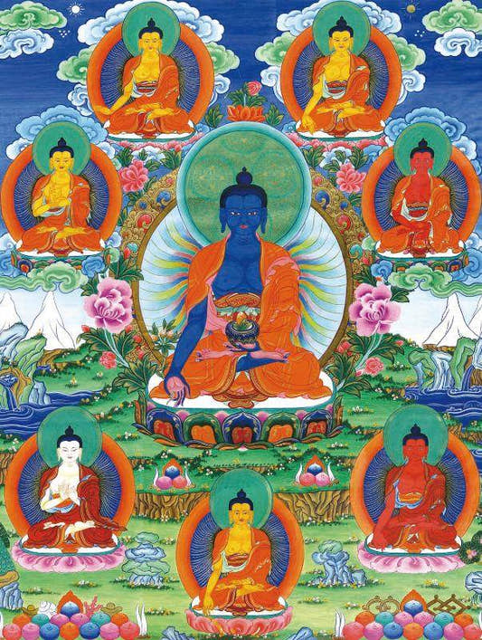 Bhaisajyaguru - Eight Medicine Buddhas - Tibetan thangka painting, front view