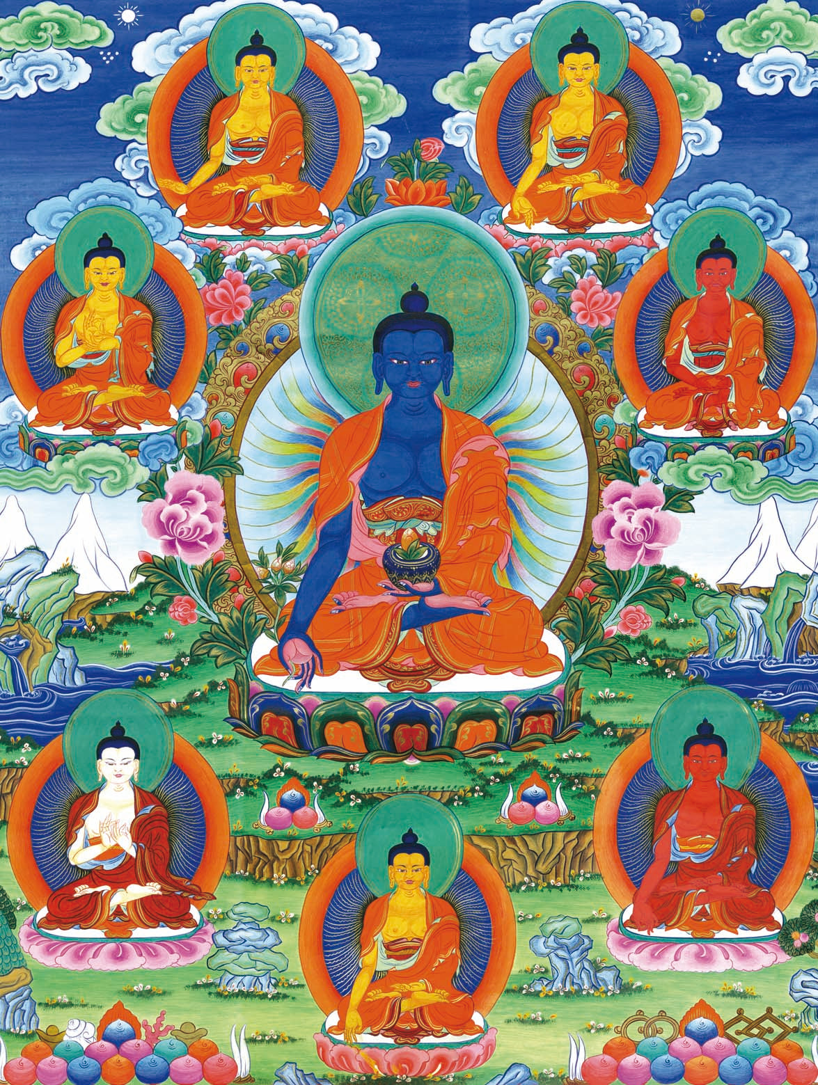 Gandhanra Tibetan Thangka Art - Bhaisajyaguru - Eight Medicine Buddhas - from Kathok Monastery - Giclee Print with Mineral Pigments