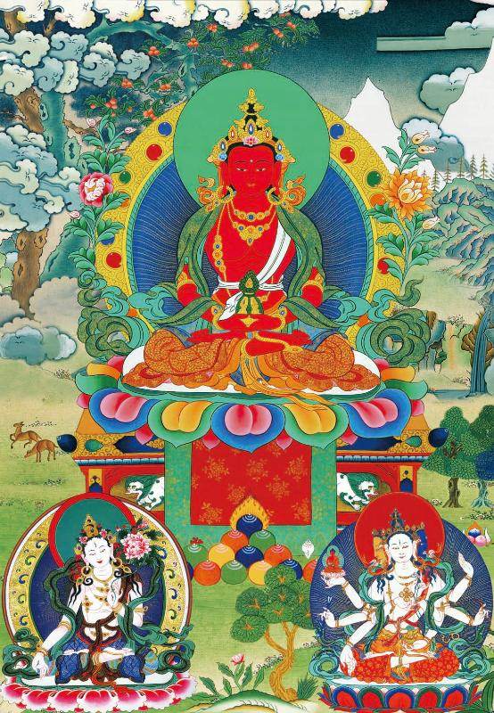 Amitayus - Three Buddhas of Longevity - Tibetan thangka painting, front view