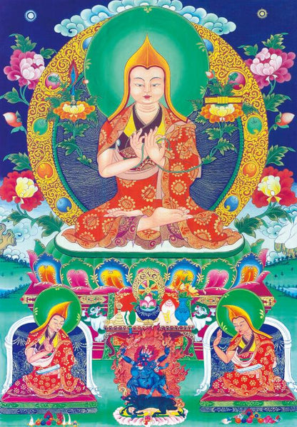 Gandhanra Tibetan Thangka Art - Tsongkhapa and His 2 Disciples - from Labrang Monastery - Giclee Print with Mineral Pigments