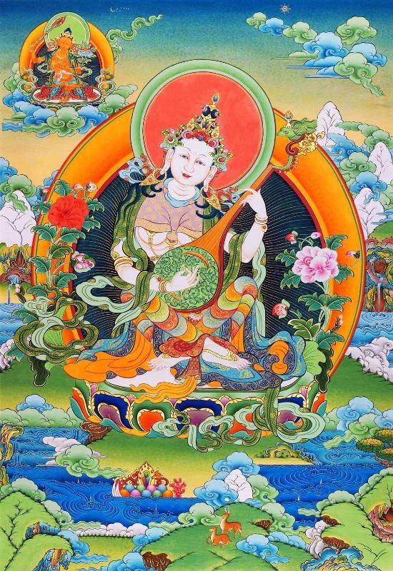 Saraswati དབྱངས་ཅན་མ། - Tibetan thangka painting, front view