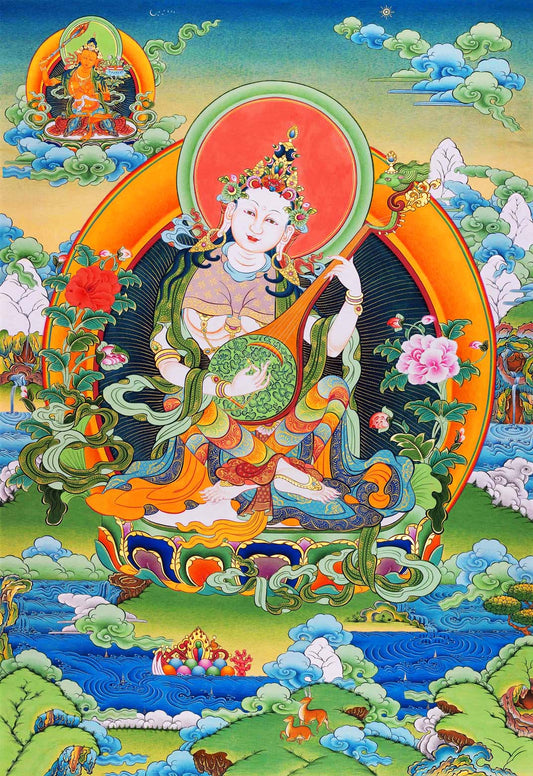 Gandhanra Tibetan Thangka Art - Sarasvati - from Kathok Monastery - Giclee Print with Mineral Pigments